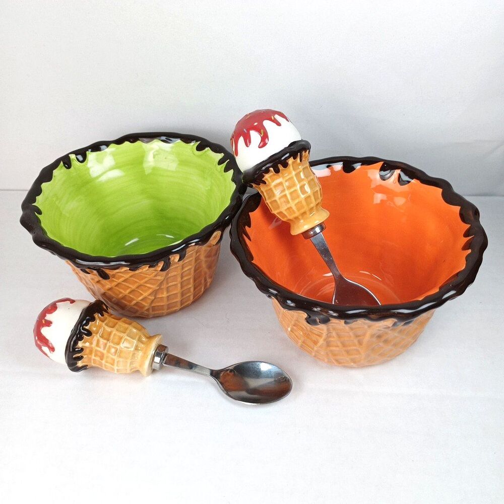 VTG Ice Cream Cone Handle Stainless Steel Spoons And Waffle Cone Bowls Set